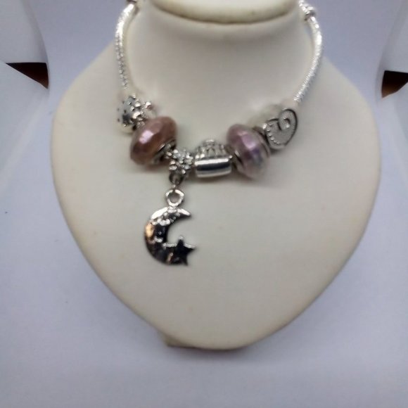 Cute Purple European Beaded Snake Bracelet with Star and Moon Charm - Picture 1 of 3